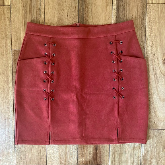 Dresses & Skirts - High Waist Lace Up Faux Suede Skirt